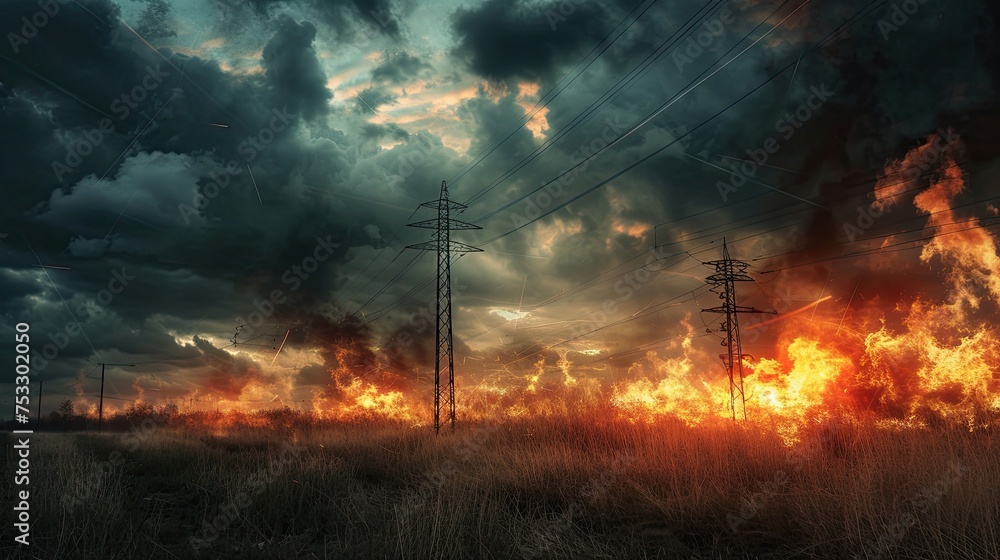 Burning dry grass in a park glade under a stormy sky, with power lines standing stark against the dark clouds. - obrazy, fototapety, plakaty 