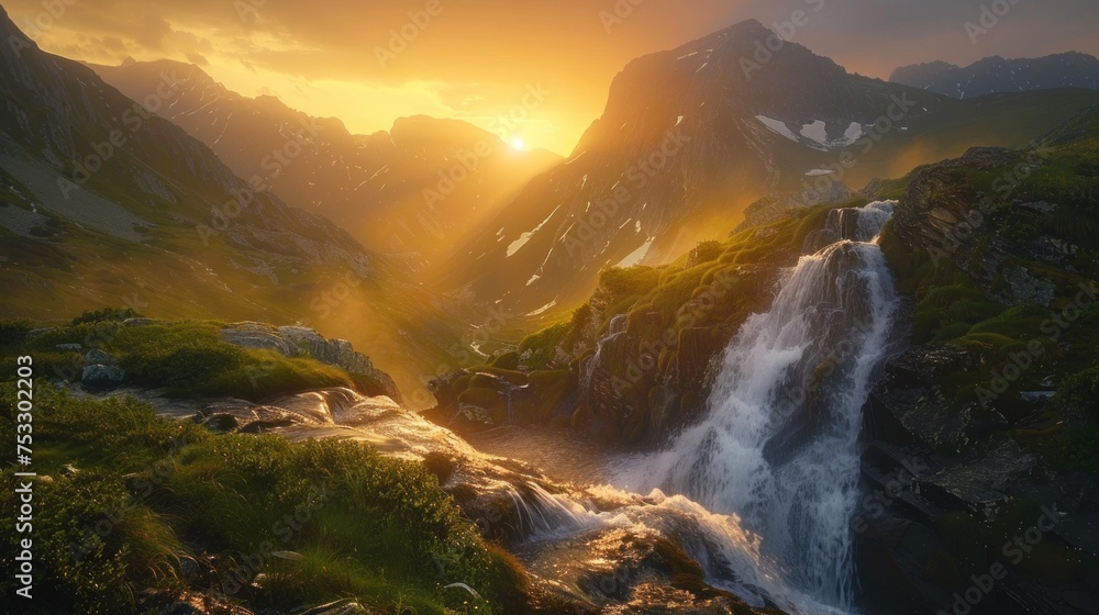 A large waterfall with a stunning landscape with beautiful waterfalls and a beautiful morning sky lit up by a beautiful sunrise. in Iceland, Europe