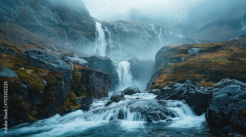 A large waterfall with a stunning landscape with beautiful waterfalls and a beautiful morning sky. in Iceland  Europe