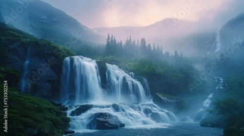 A large waterfall with a stunning landscape with beautiful waterfalls and a beautiful morning sky. in Iceland, Europe