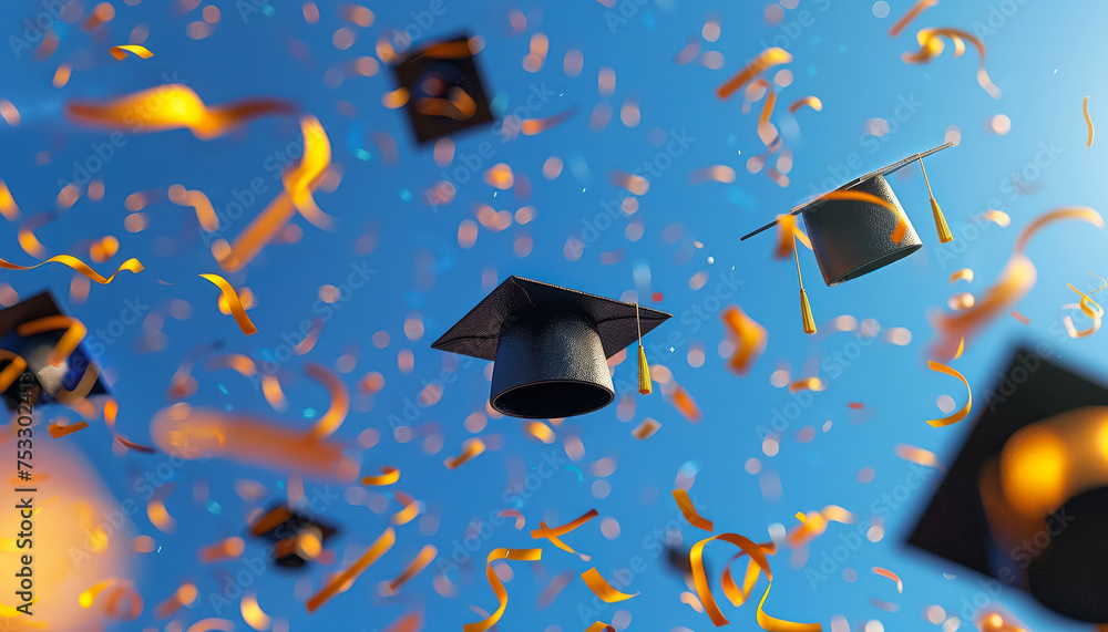 celebratory graduation caps thrown in the air with confetti on a blue ...