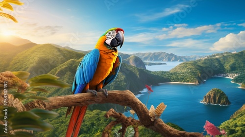 Macaw yellow belly multi-colored parrot sitting on a branch against the backdrop of the sea and mountains in nature