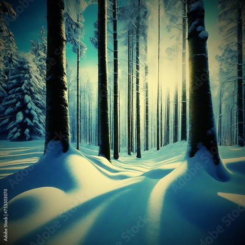 Snow Forest Mountain Tree Landscape Winter weather. A serene winter landscape with a snow covered forest and mountain range, gleaming peaks, snow laden slopes