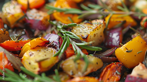 the aromatic essence of rosemary infused into a savory roasted vegetable medley photo