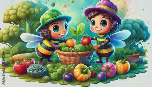 cute bee planting vegetables in garden