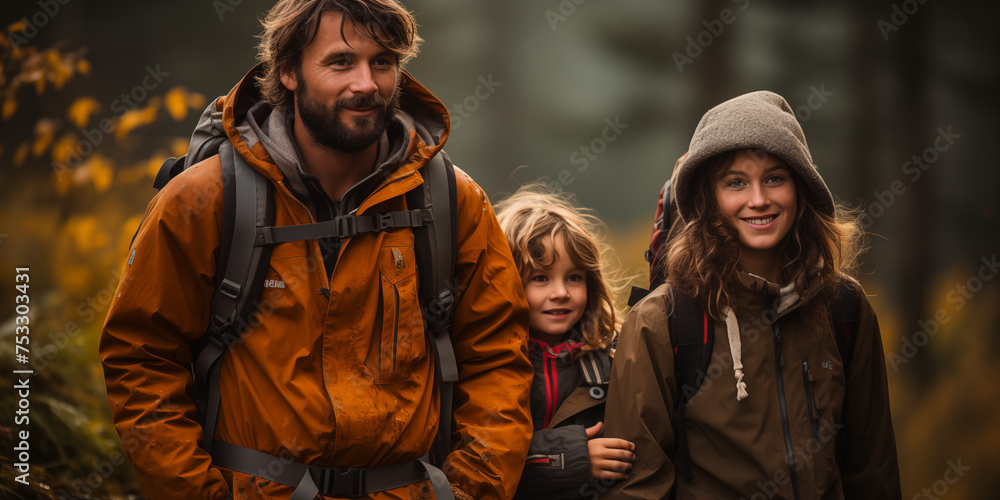 Portrait of a happy family hiking in the forest during autumn season