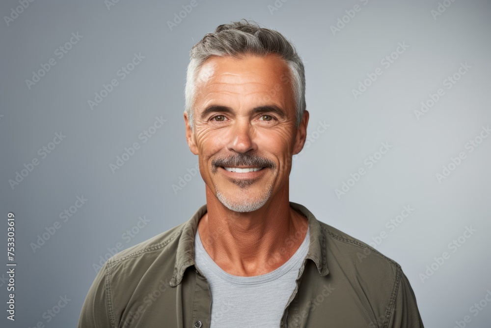 Handsome mature man smiling at the camera while standing against grey background Handsome mature man smiling at the camera while standing against grey background