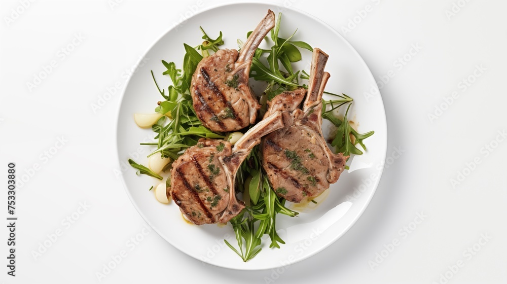 Lamb chops served on a white round plate, against a white background, from a top perspective Lamb chops served on a white round plate, against a white background, from a top perspective