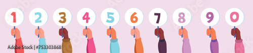 Vector illustration of hands holding number plates. Cartoon scene of light-skinned and tanned, dark-skinned hands holding round tablets with colored numbers from 0 to 9 isolated on a pink background.