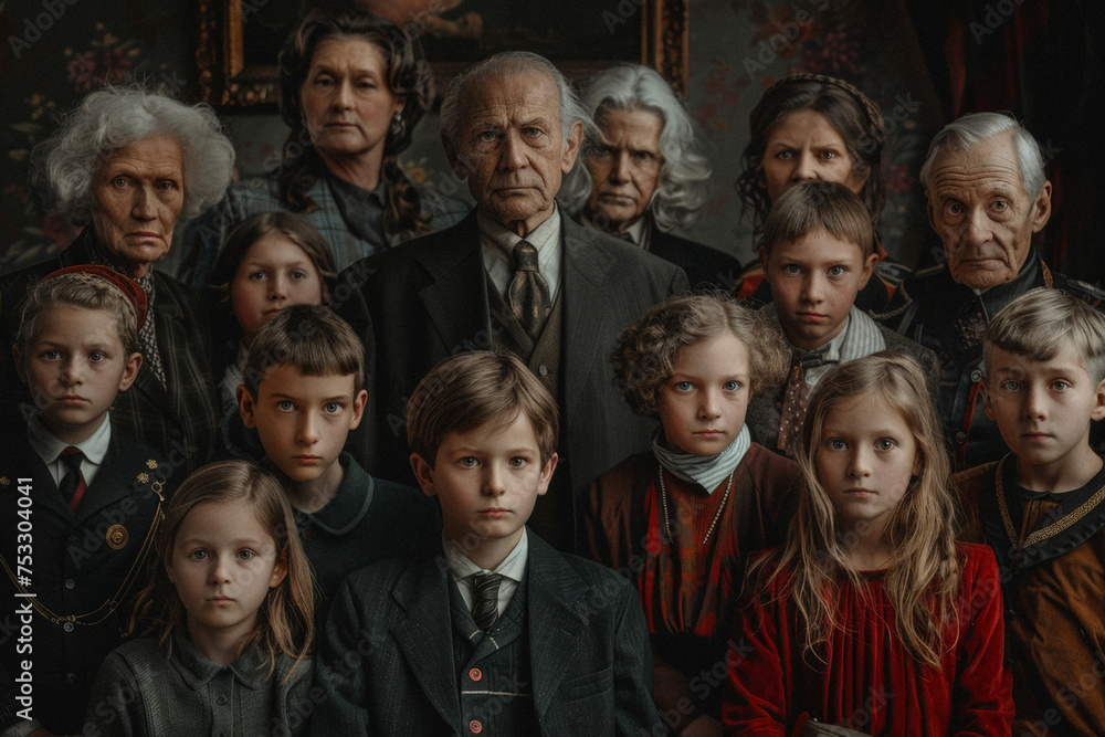 an extended family group photo with a digital frame that glows in sync with the family's collective heartbeat, picked up by wearable tech. an extended family group photo with a digital frame that glows in sync with the family's collective heartbeat, picked up by wearable tech.