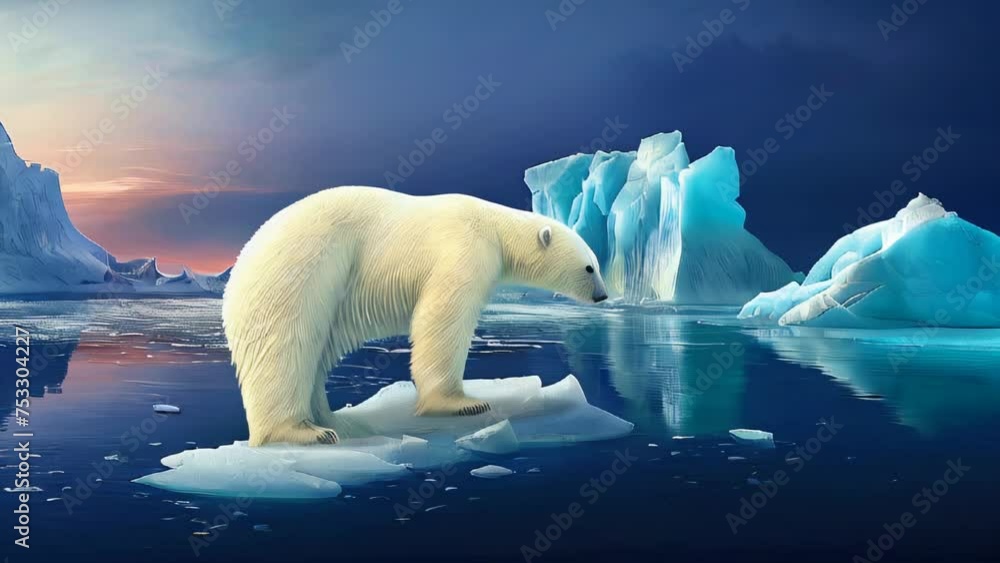Polar bear above an iceberg in the arctic ocean. Floating icebergs due ...