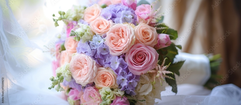 A pastel bouquet with pink and lilac roses, carnations, and hydrangeas for a stylish romantic wedding.