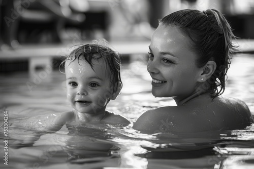 Black and white of baby and mother playing in water.