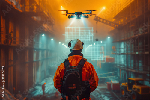 a construction worker operating a drone for surveying a site, with the drone's path illuminated and construction plans projected in mid-air.