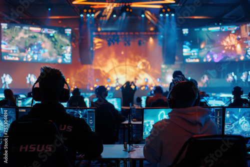 a gaming tournament where the players are surrounded by curved screens, their game avatars glowing prominently above them in real-time.