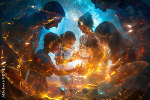 a blended family with a soft digital overlay that connects each member, glowing brightly where hands are held or shoulders touch. photo