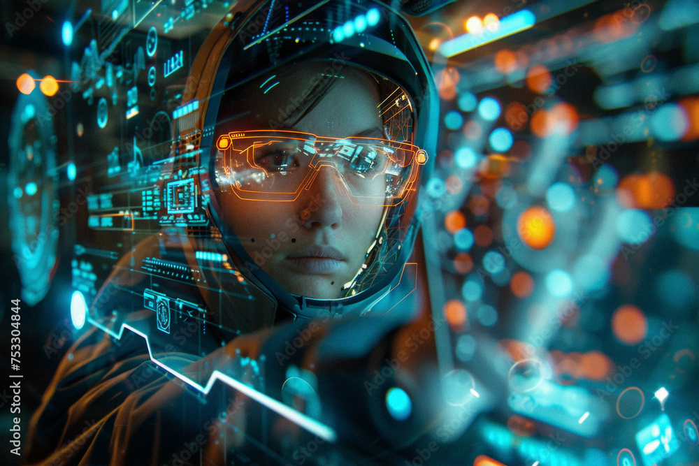 a live-streaming gamer with an interface that has glowing elements indicating viewer interactions and game stats. a live-streaming gamer with an interface that has glowing elements indicating viewer interactions and game stats.