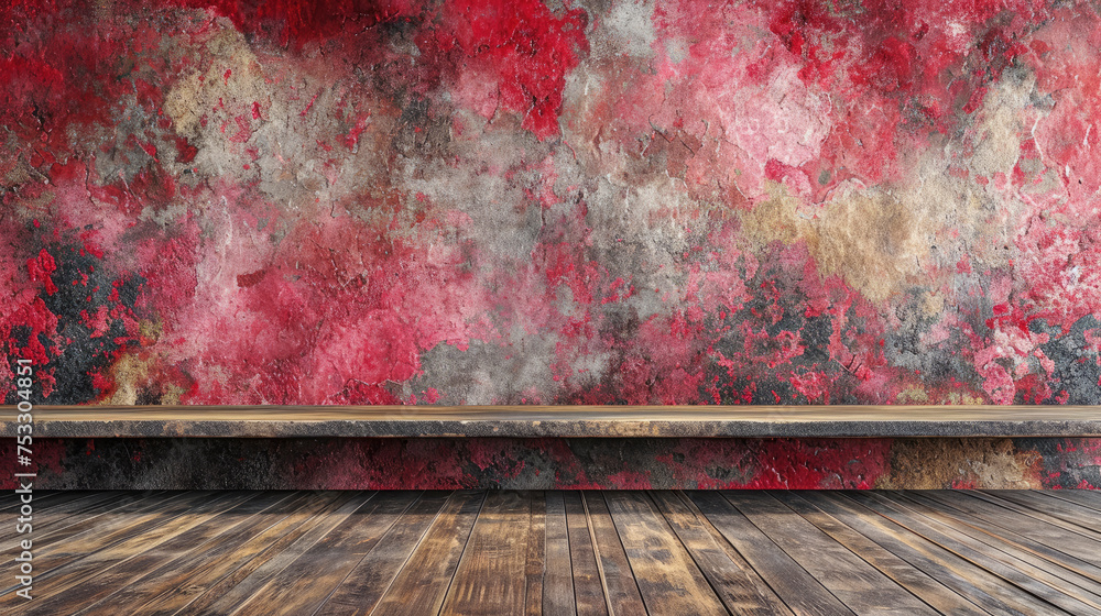 bench against  with red and grey aged  wall, wooden floor, and copy space - obrazy, fototapety, plakaty 