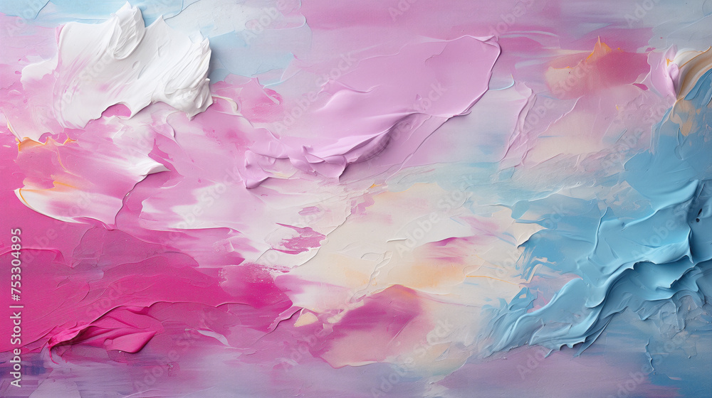Pink and blue paint stains and brush strokes on torn paper