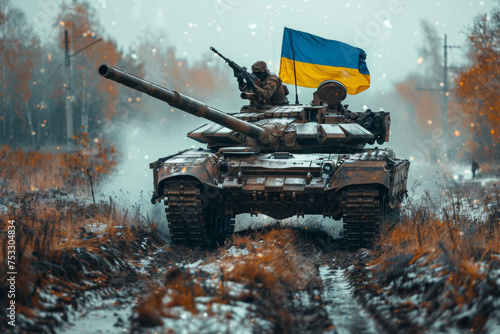 A tank runs over the Russian flag on a bright sunny day. The flag of Ukraine is installed on the tank.