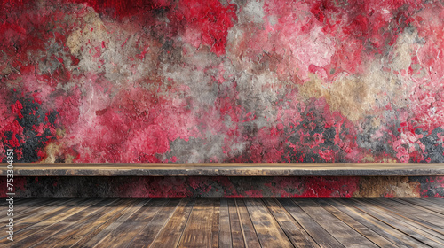 bench against  with red and grey aged  wall, wooden floor, and copy space © Jean Isard