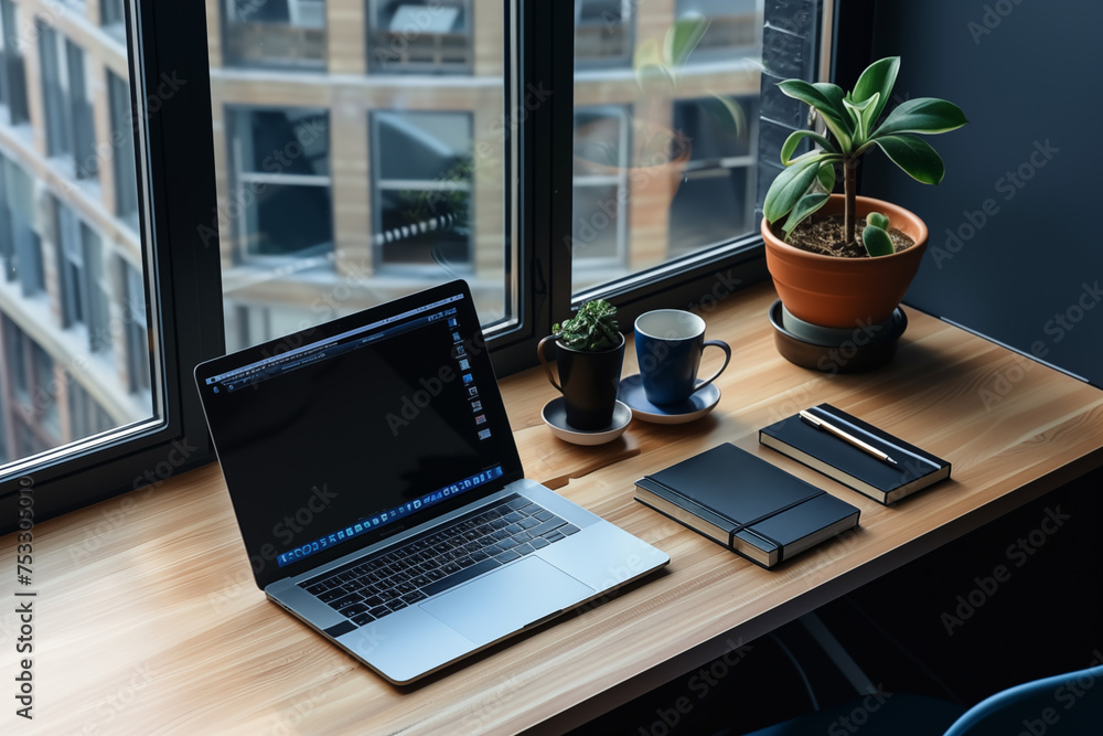 Modern workspace with laptop, coffee, and plant by the window Modern workspace with laptop, coffee, and plant by the window