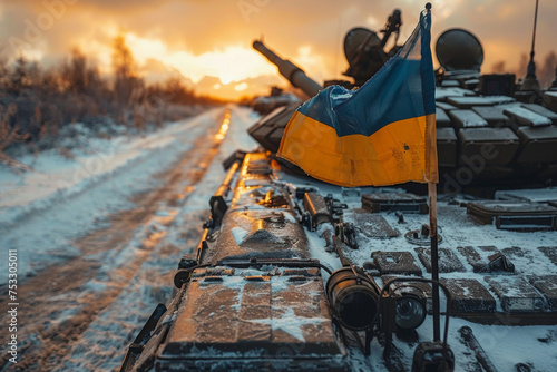 Ukrainian flag against the background of military equipment. Clear sunny day.