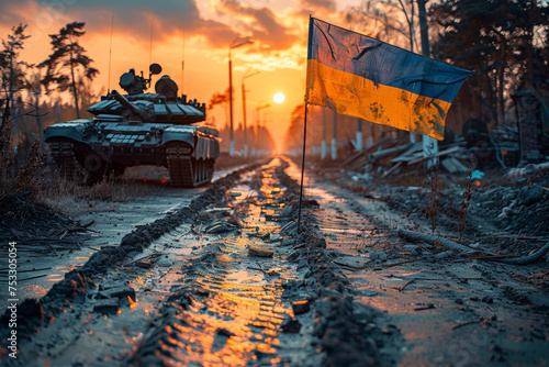 Ukrainian flag against the background of military equipment. Clear sunny day.