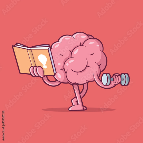 Brain Character exercising and reading a book vector illustration. Learning, sports design concept. (ID: 753305216)