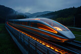 a high-speed maglev train passing through the countryside, its sleek design lit with underbody lighting to emphasize its speed and technology.
