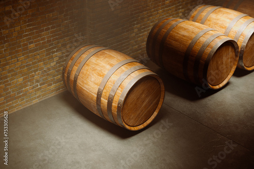 Antique Wooden Wine Barrels Resting in a Historic Cellar photo