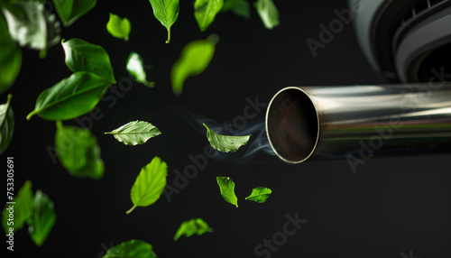 Close-up of a car exhaust pipe with green leaves flying out of it. Black background