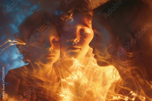 a blended family with a soft digital overlay that connects each member, glowing brightly where hands are held or shoulders touch.