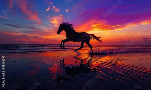 A horse galloping across a shallow body of water