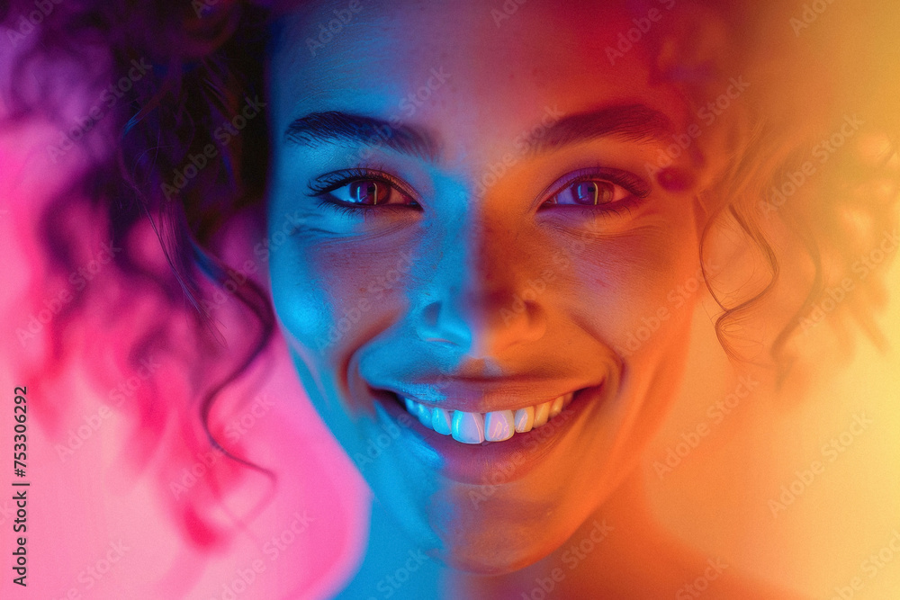 portrait of a woman with light streaks, smiling big portrait of a woman with light streaks, smiling big