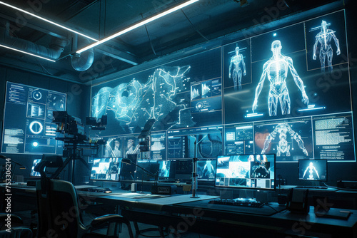 a behind-the-scenes look at a game development studio, with glowing sketches and character models on digital displays.