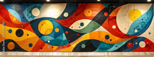 Colorful abstract mural with wavy patterns and dotted details on a subway station wall.