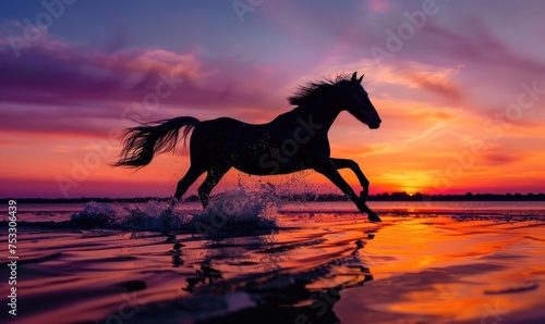 A horse galloping across a shallow body of water