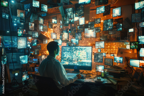 a home office worker surrounded by floating digital screens, each glowing with different work tasks.