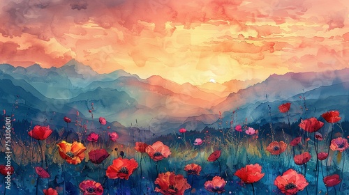 Watercolor painting of meadow with poppies and mountains at sunset. Digital watercolor painting. Printable wall art. Generative AI photo
