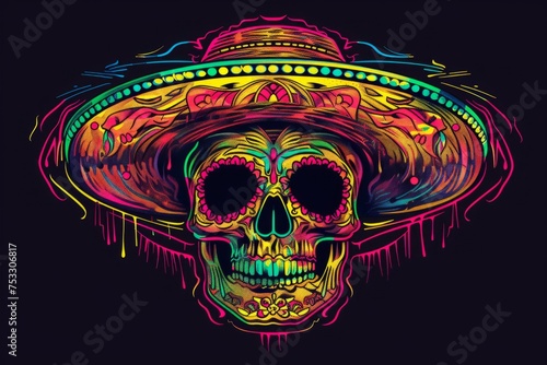 vibrant illustration of a Mexican skull wearing a sombrero hat Generative AI