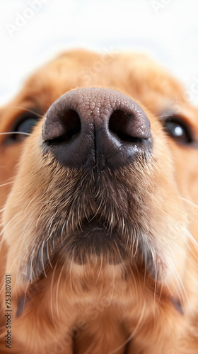 Portrait of a golden retriever on white background, emphasis on the nose. Space for text, Generative AI