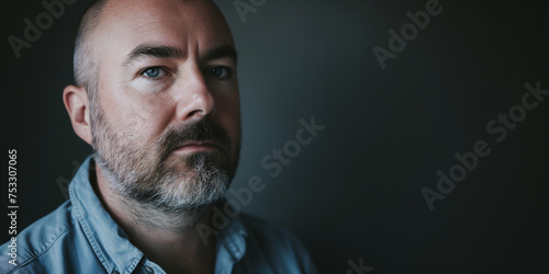 Mature man with a serious gaze, sporting a beard and a denim shirt, set against a dark background
