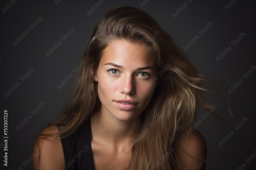 Portrait of a beautiful young woman with long brown hair on a dark background Portrait of a beautiful young woman with long brown hair on a dark background