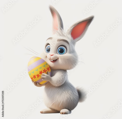 Cute Easter bunny with an Easter egg on white background.