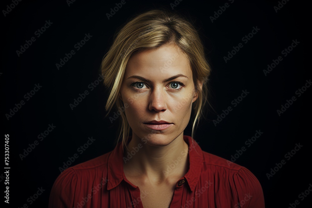 portrait of a young woman in a red shirt on a black background