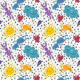 Cartoon scribble animals seamless bears and rabbit and fox and sun and clouds pattern for wrapping paper and kids