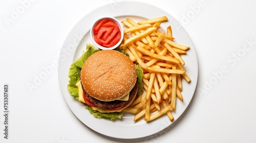 White round plate showcasing Club A's cheeseburger with a 10oz patty of American or blue cheese, caramelized onions, fries, pickles, tomato, and lettuce, against a white backdrop, viewed from above photo