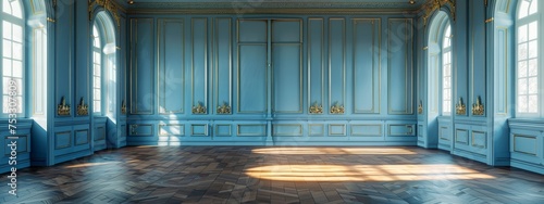 Luxury interior in gold and blue. Empty room in a palace.