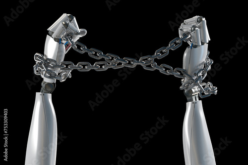 Metallic Robotic Arms Secured Together with a Heavy Iron Chain photo